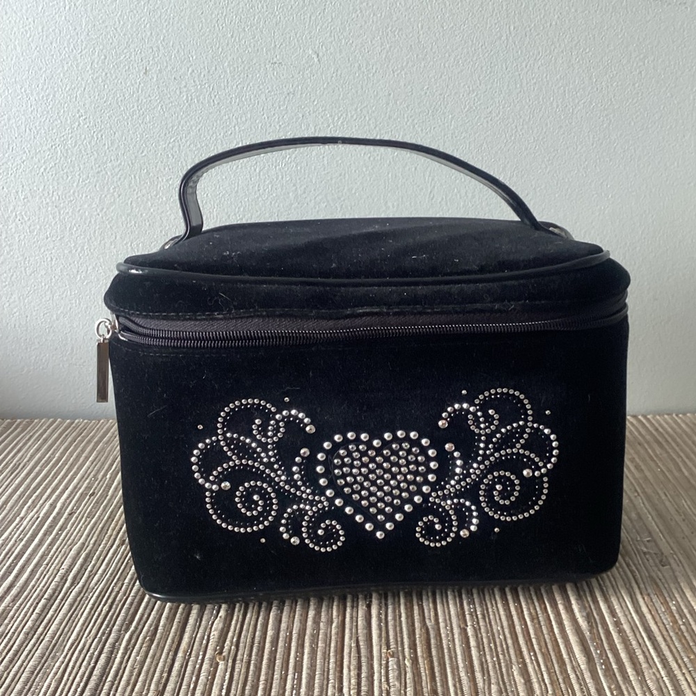 Christine Alexander Black Velvet Large Rhinestone Cosmetic Pouch Travel Bag